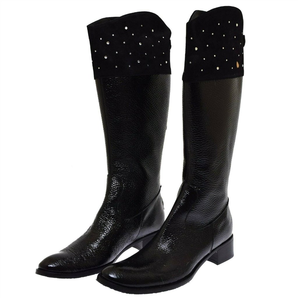 Fiorangelo Tall Black Patent Leather & Suede Boots 40eu/9.5 New Made In Italy